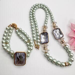 Vintage Japan Mint Green Glass Pearl Necklace Bracelet Demi Parure Purple Lucite